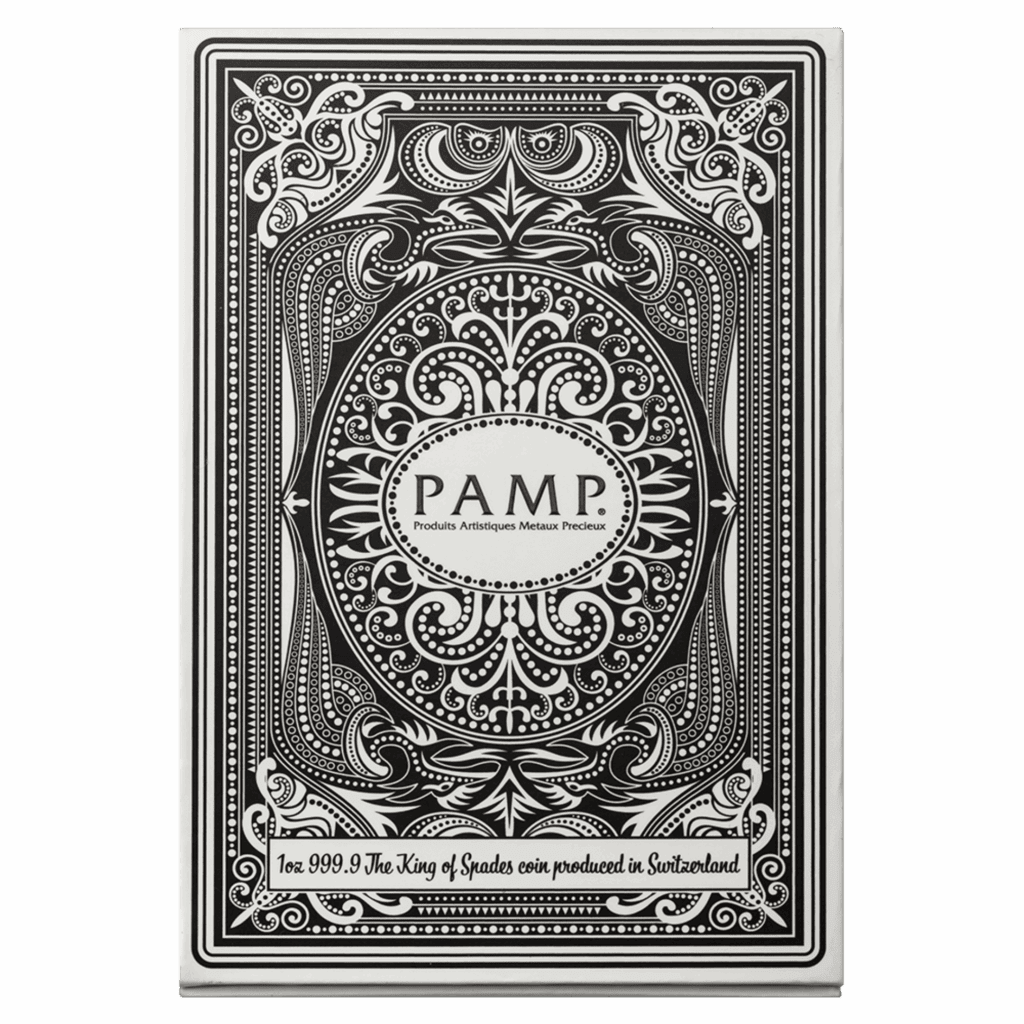 PAMP Suisse King of Spades 1oz silver coin shaped like a playing card with intricate engraved details
