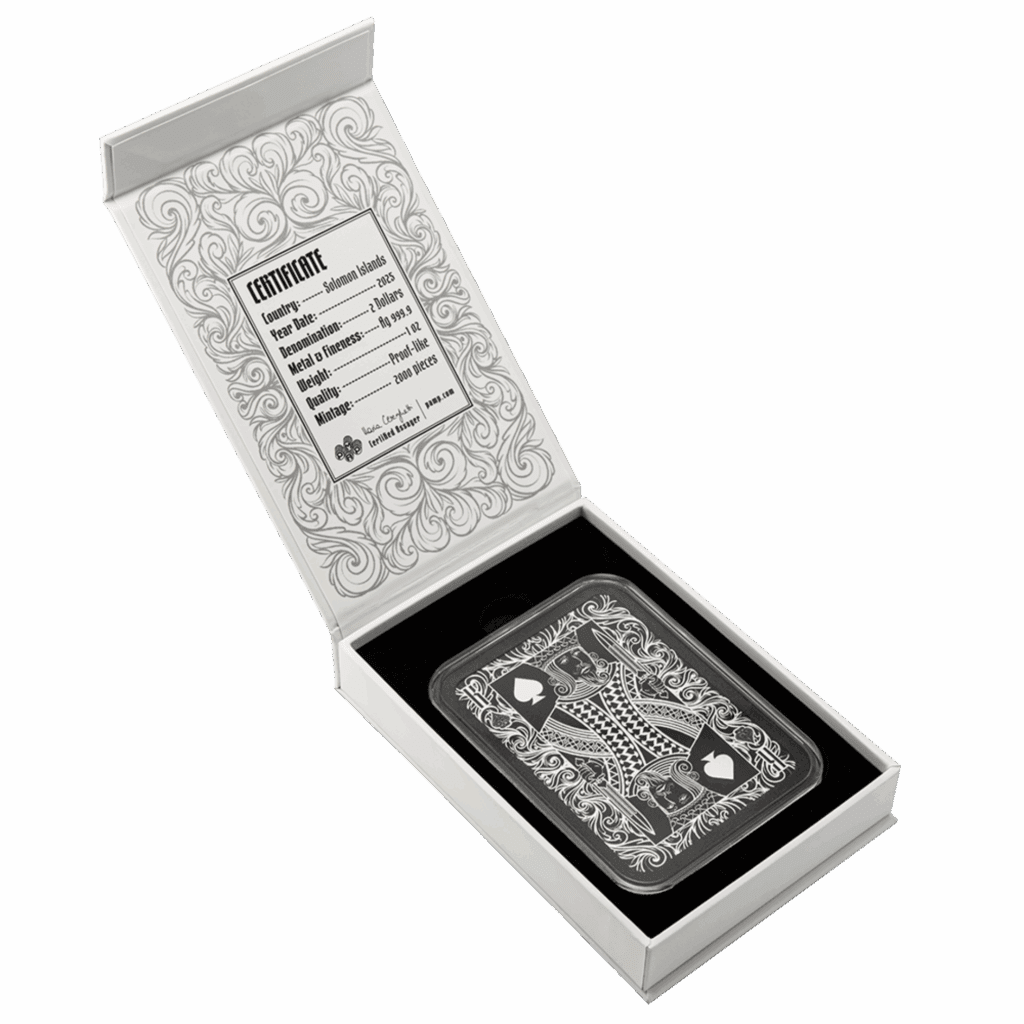 PAMP Suisse King of Spades 1oz silver coin shaped like a playing card with intricate engraved details