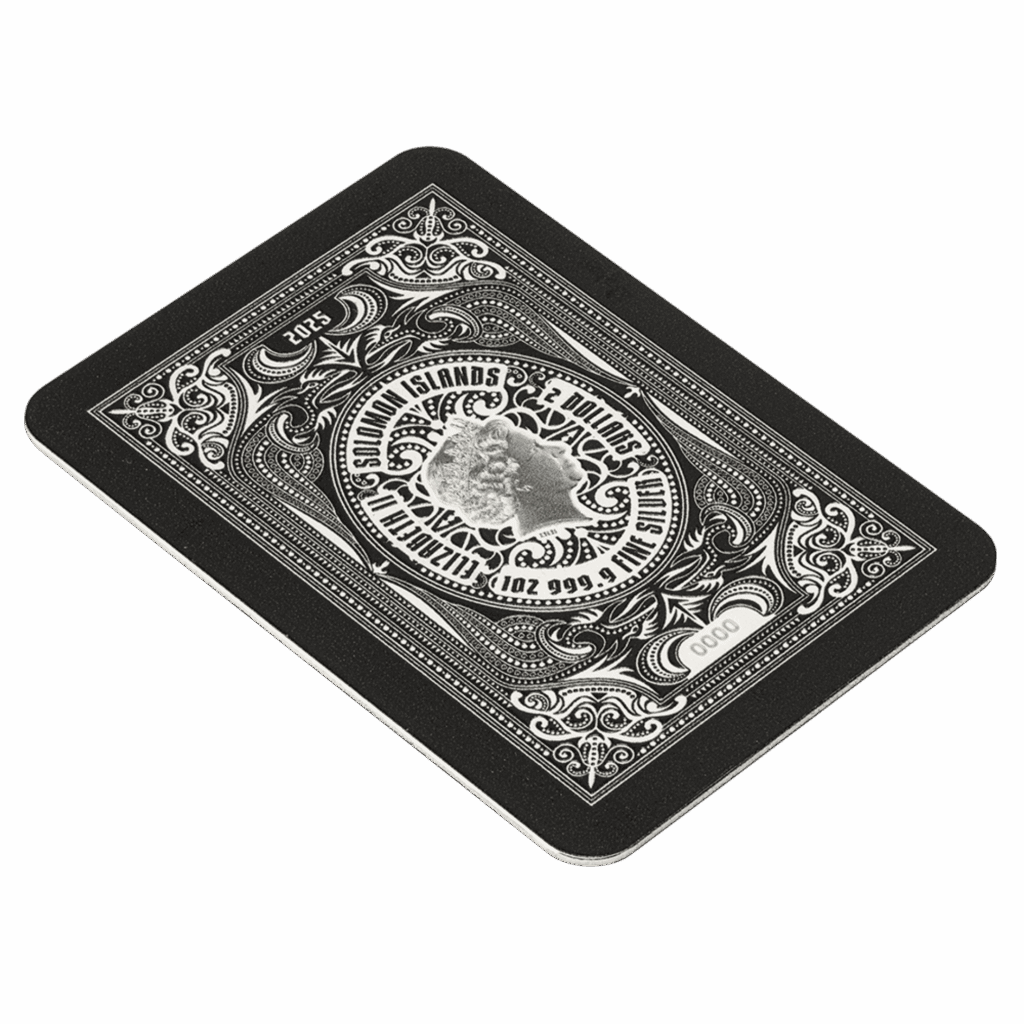 PAMP Suisse King of Spades 1oz silver coin shaped like a playing card with intricate engraved details