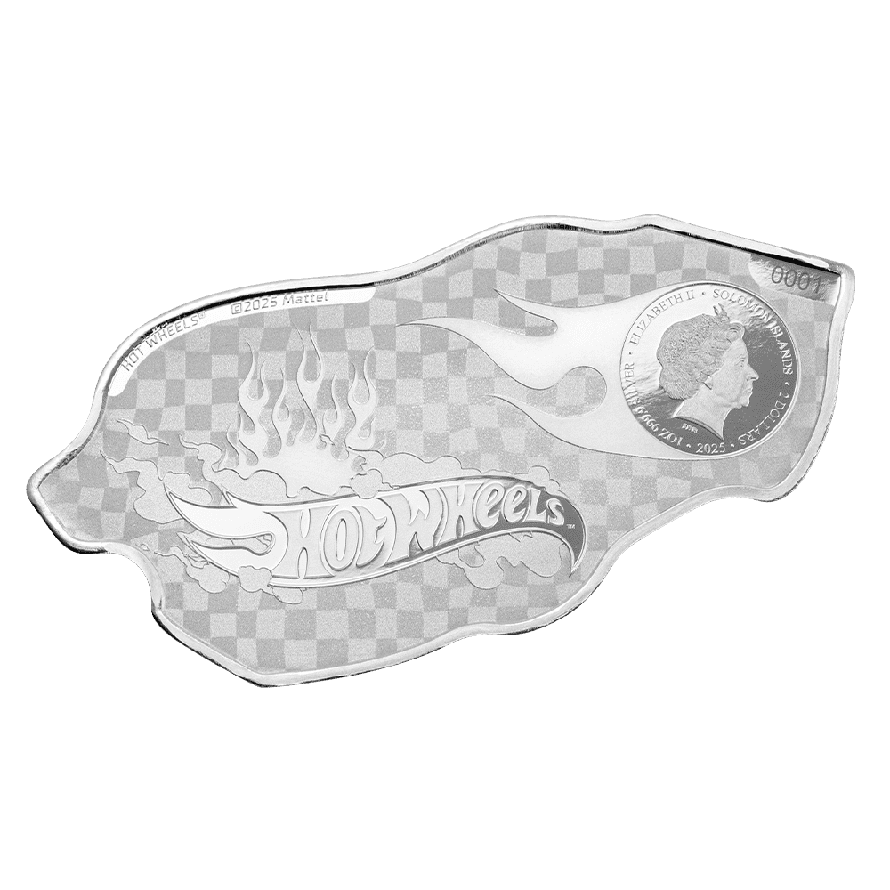 Hot Wheels 24/Seven shaped 1oz silver coin by PAMP Suisse in colorful packaging