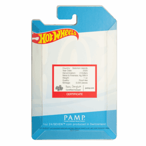 Hot Wheels 24/Seven shaped 1oz silver coin by PAMP Suisse in colorful packaging