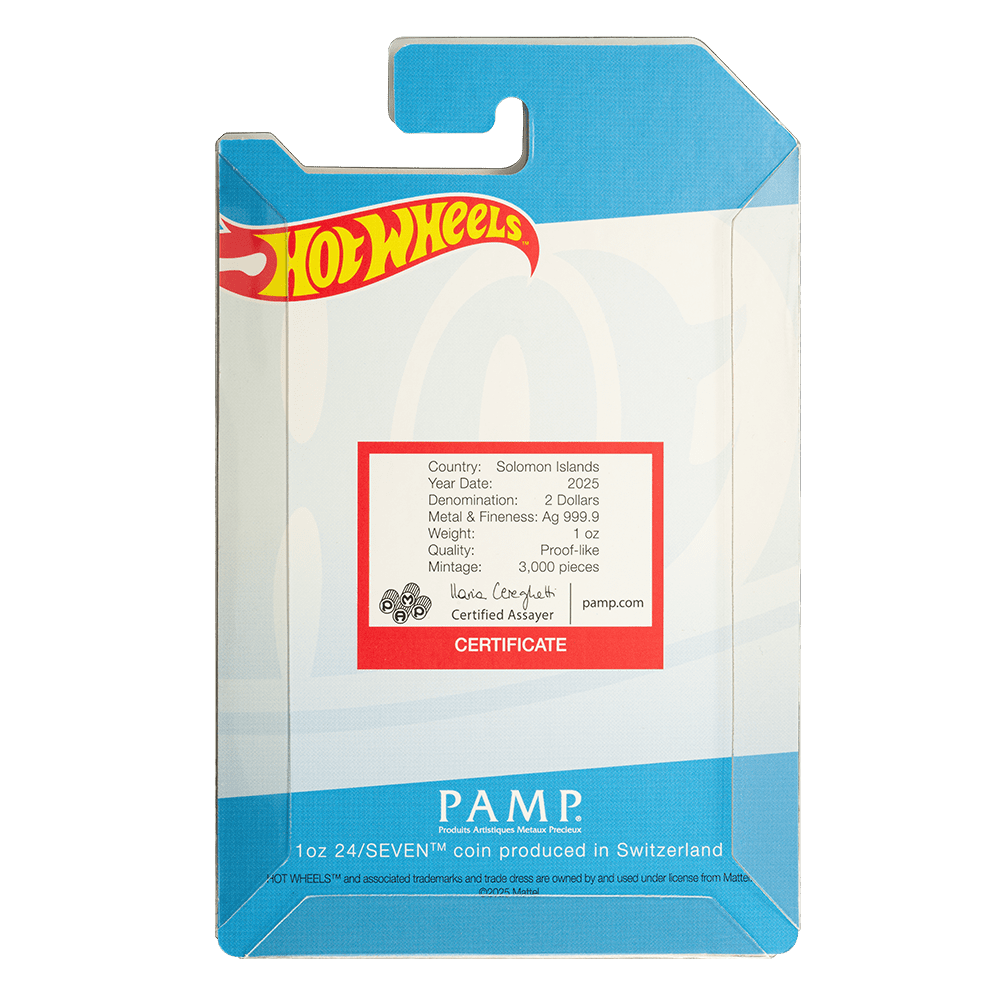 Hot Wheels 24/Seven shaped 1oz silver coin by PAMP Suisse in colorful packaging