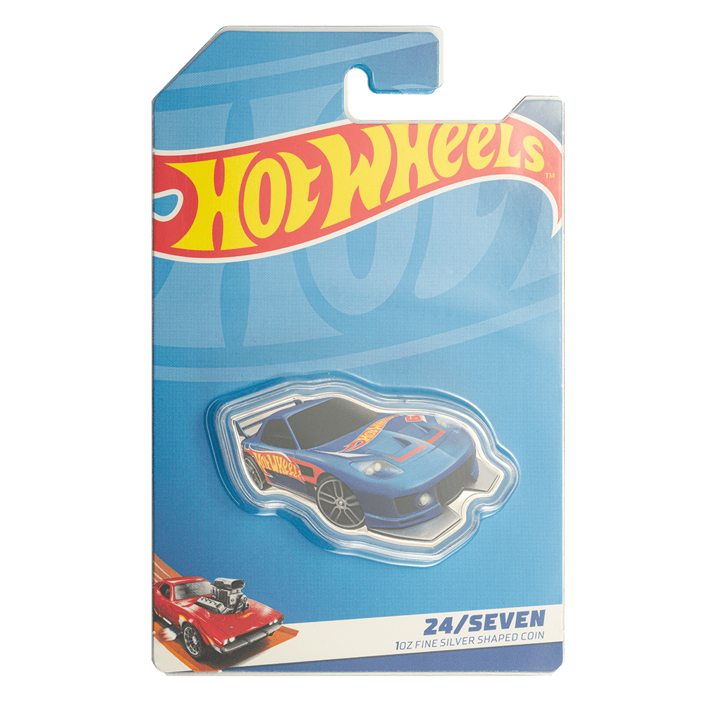 Hot Wheels 24/Seven shaped 1oz silver coin by PAMP Suisse in colorful packaging