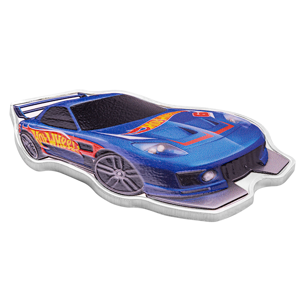 Hot Wheels 24/Seven shaped 1oz silver coin by PAMP Suisse in colorful packaging