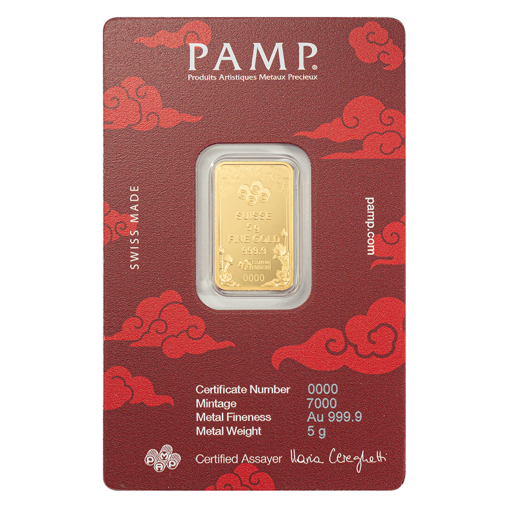 2025 PAMP Suisse Good Luck Yellow Dragon 5g 999.9 Gold Minted Bar in CertiPAMP Assay Card