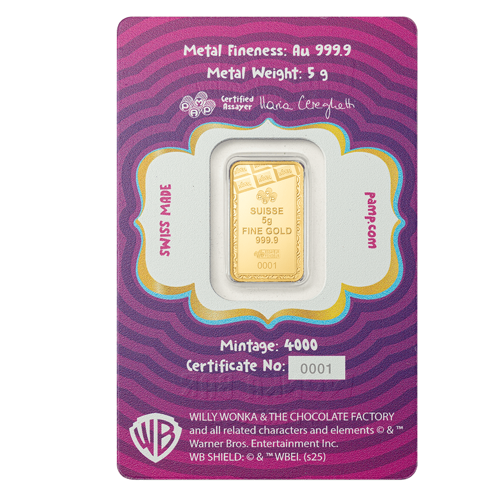 PAMP Suisse Willy Wonka 5g 999.9 Fine Gold Bar in CertiPAMP Assay Card Packaging