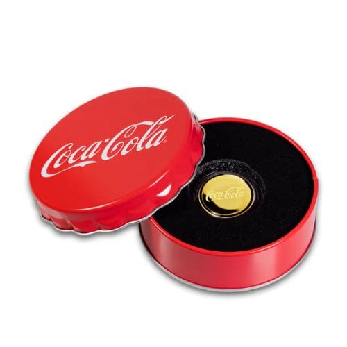 2025 Niue 1.2g Gold Coca-Cola bottle cap coin in red display box with certificate