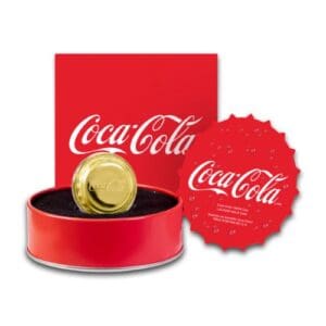 2025 Niue 1.2g Gold Coca-Cola bottle cap coin in red display box with certificate