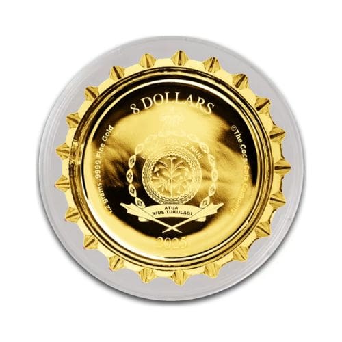 2025 Niue 1.2g Gold Coca-Cola bottle cap coin in red display box with certificate