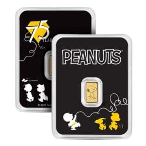 Peanuts Snoopy 75th Anniversary 0.5g Gold Bar in sealed assay card packaging