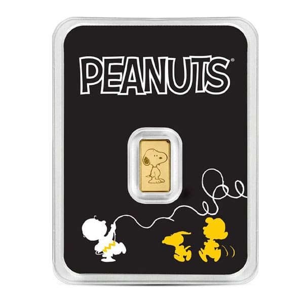 Peanuts Snoopy 75th Anniversary 0.5g Gold Bar in sealed assay card packaging