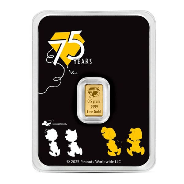 Peanuts Snoopy 75th Anniversary 0.5g Gold Bar in sealed assay card packaging