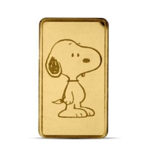 Peanuts Snoopy 75th Anniversary 0.5g Gold Bar in sealed assay card packaging