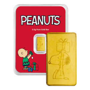 Peanuts Christmas Charlie Brown and Snoopy 0.5 gram 999.9 gold bar in sealed assay packaging