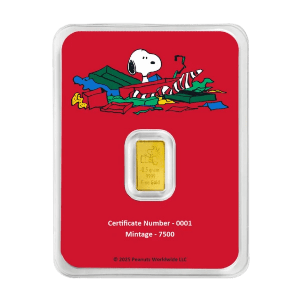Peanuts Christmas Charlie Brown and Snoopy 0.5 gram 999.9 gold bar in sealed assay packaging