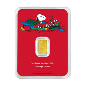 Peanuts Christmas Charlie Brown and Snoopy 0.5 gram 999.9 gold bar in sealed assay packaging