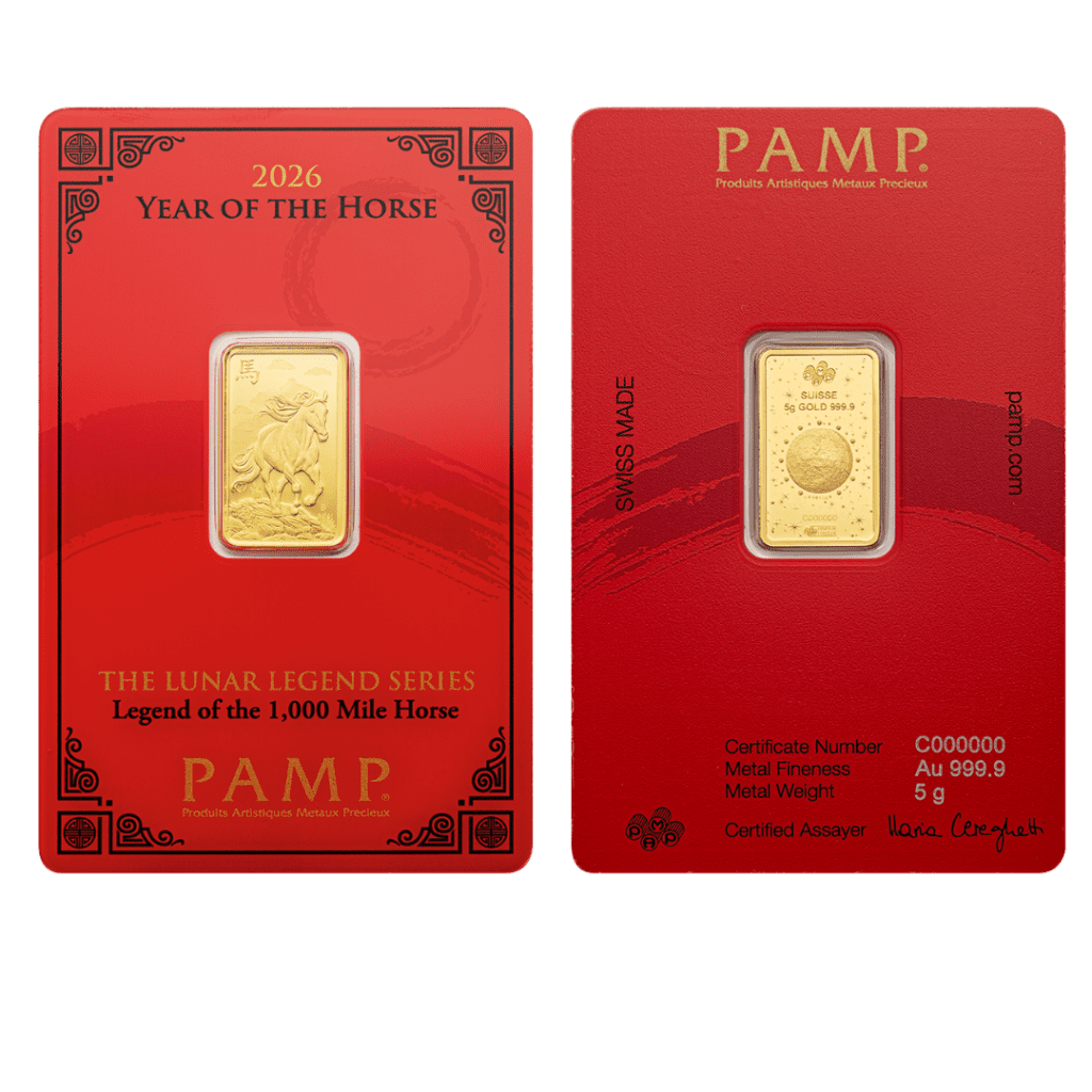 PAMP Suisse Lunar Horse and Dragon 5g Gold Bars Set in Golden Box with CertiPAMP assay cards