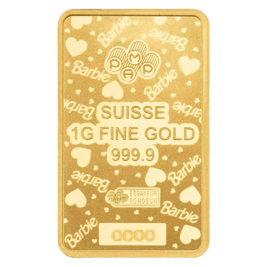 PAMP Suisse x Barbie™ Valentine’s Day 1g 999.9 gold bar in CertiPAMP packaging