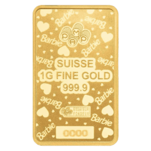 PAMP Suisse x Barbie™ Valentine’s Day 1g 999.9 gold bar in CertiPAMP packaging