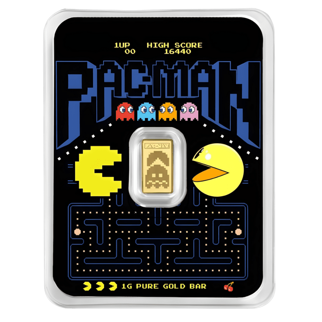 PAC-MAN 45th Anniversary 1g gold bar sealed in assay card with retro game design