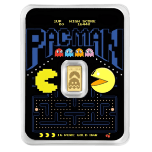 PAC-MAN 45th Anniversary 1g gold bar sealed in assay card with retro game design