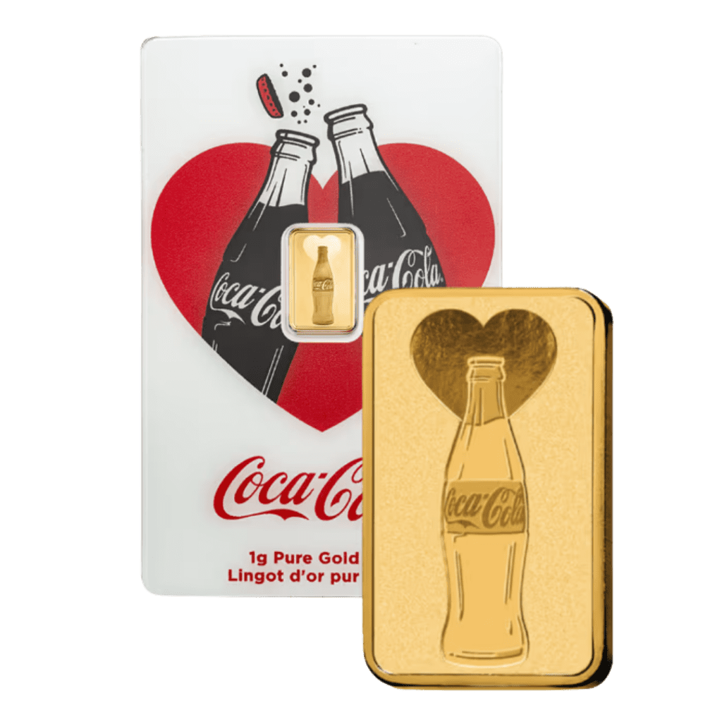 PAMP Suisse Coca-Cola® Love 1g gold bar in sealed CertiPAMP assay card with heart-themed Valentine design