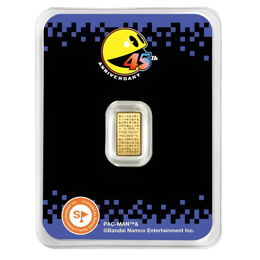 PAC-MAN 45th Anniversary 1g gold bar sealed in assay card with retro game design