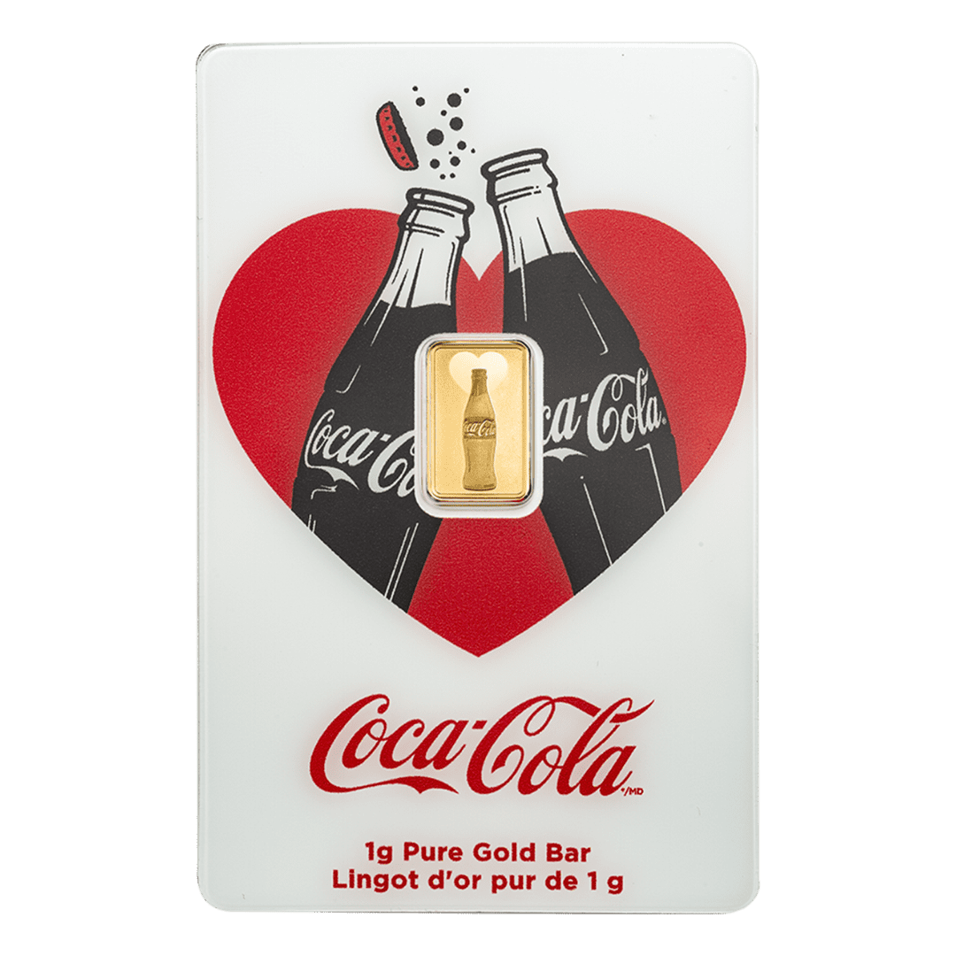 PAMP Suisse Coca-Cola&reg; Love 1g gold bar in sealed CertiPAMP assay card with heart-themed Valentine design