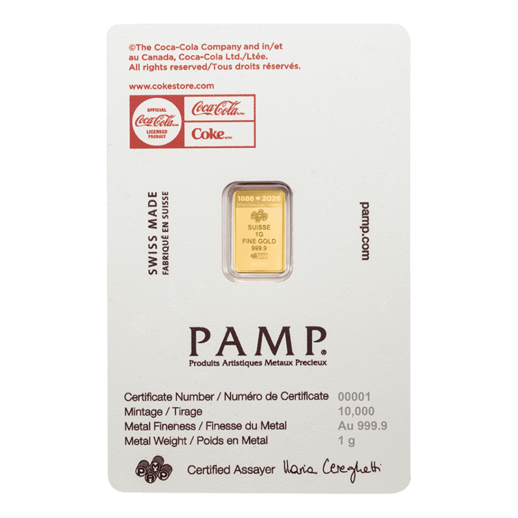 PAMP Suisse Coca-Cola® Love 1g gold bar in sealed CertiPAMP assay card with heart-themed Valentine design