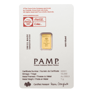 PAMP Suisse Coca-Cola® Love 1g gold bar in sealed CertiPAMP assay card with heart-themed Valentine design