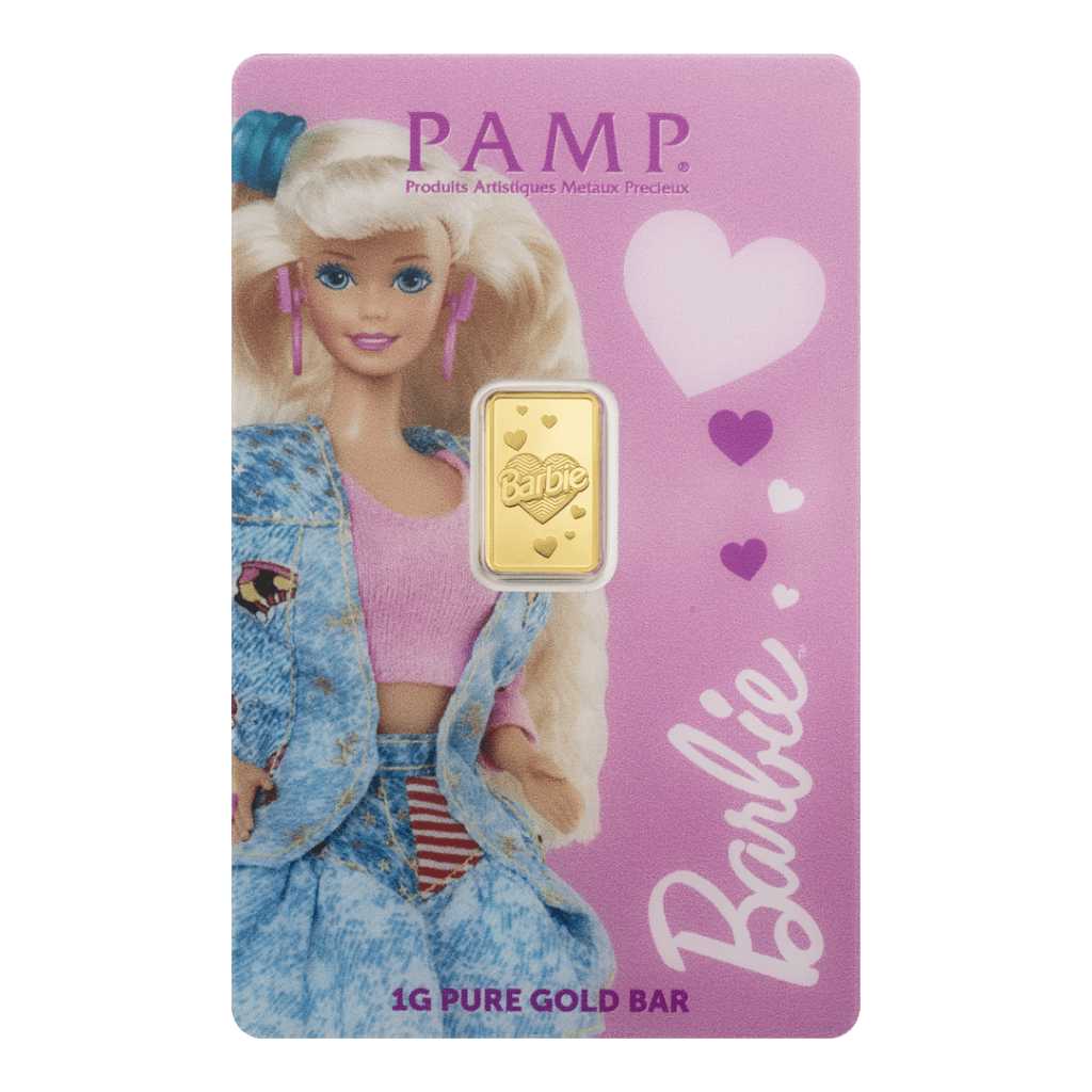 PAMP Suisse x Barbie™ Valentine’s Day 1g 999.9 gold bar in CertiPAMP packaging