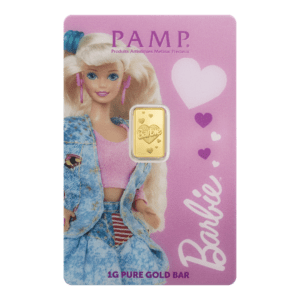 PAMP Suisse x Barbie™ Valentine’s Day 1g 999.9 gold bar in CertiPAMP packaging