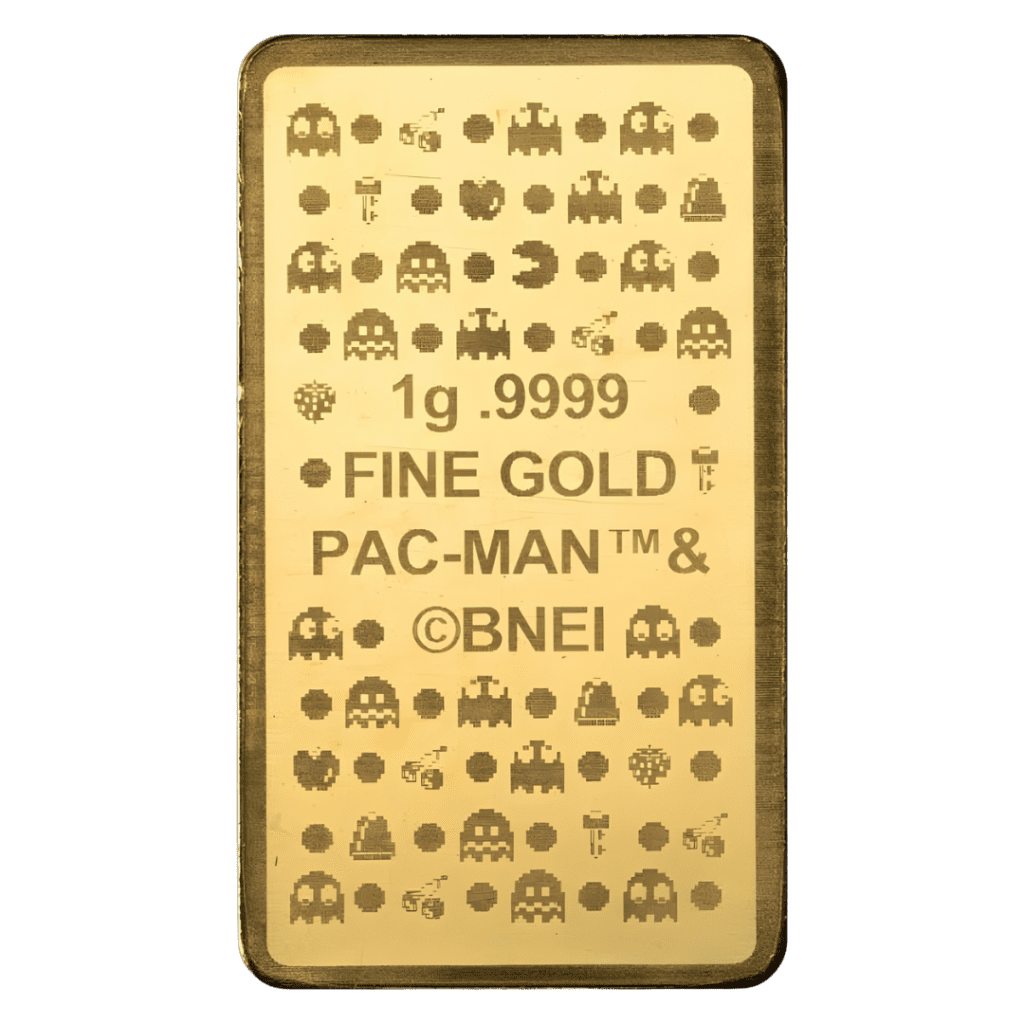 PAC-MAN 45th Anniversary 1g gold bar sealed in assay card with retro game design