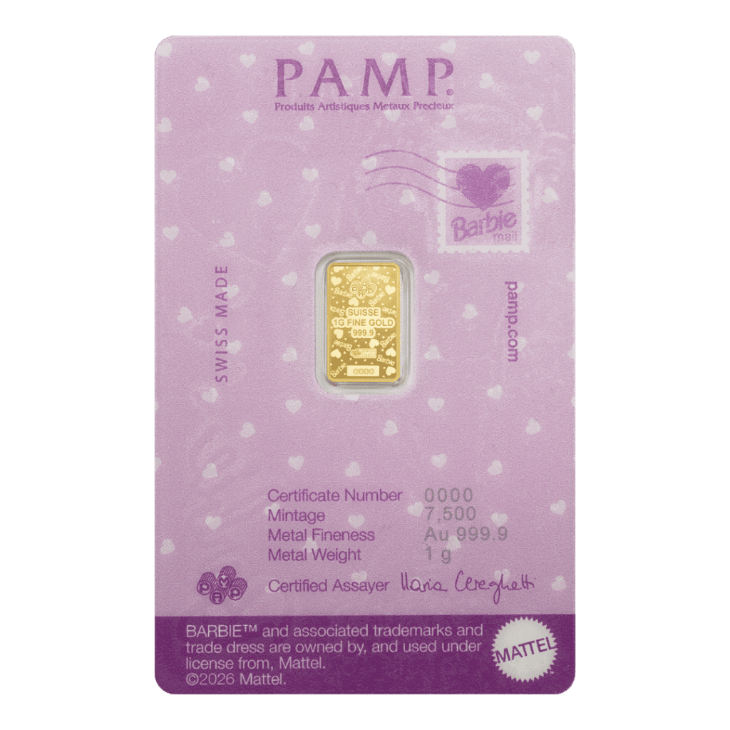 PAMP Suisse x Barbie™ Valentine’s Day 1g 999.9 gold bar in CertiPAMP packaging