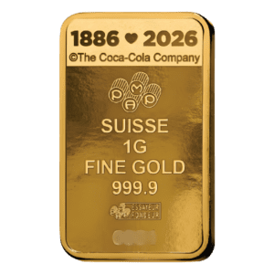 PAMP Suisse Coca-Cola® Love 1g gold bar in sealed CertiPAMP assay card with heart-themed Valentine design
