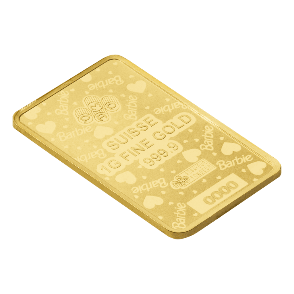PAMP Suisse x Barbie™ Valentine’s Day 1g 999.9 gold bar in CertiPAMP packaging