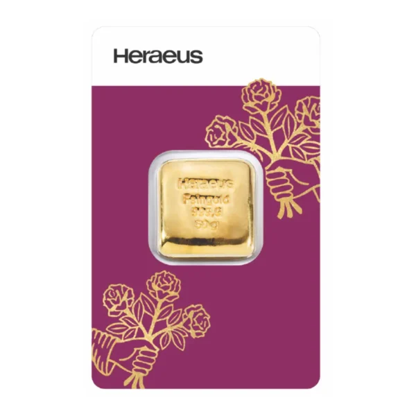 Heraeus 50 Gram Gold Cast Bar – 999.9 Fine Gold