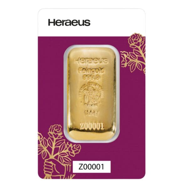 Heraeus 100 Gram Gold Cast Bar – 999.9 Fine Gold